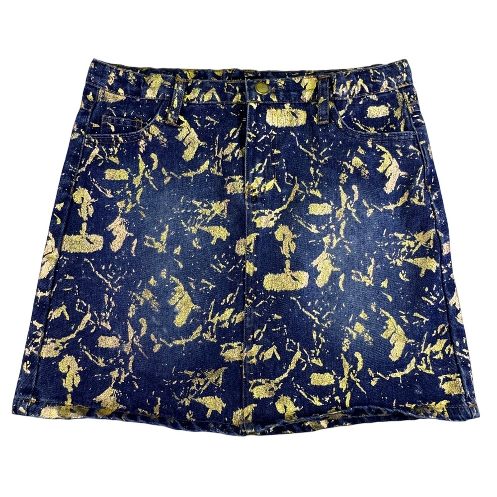 Girls Brand Skirt Youth Size 14/16 Gold Metallic Splatter Denim Mini Dark Wash‎